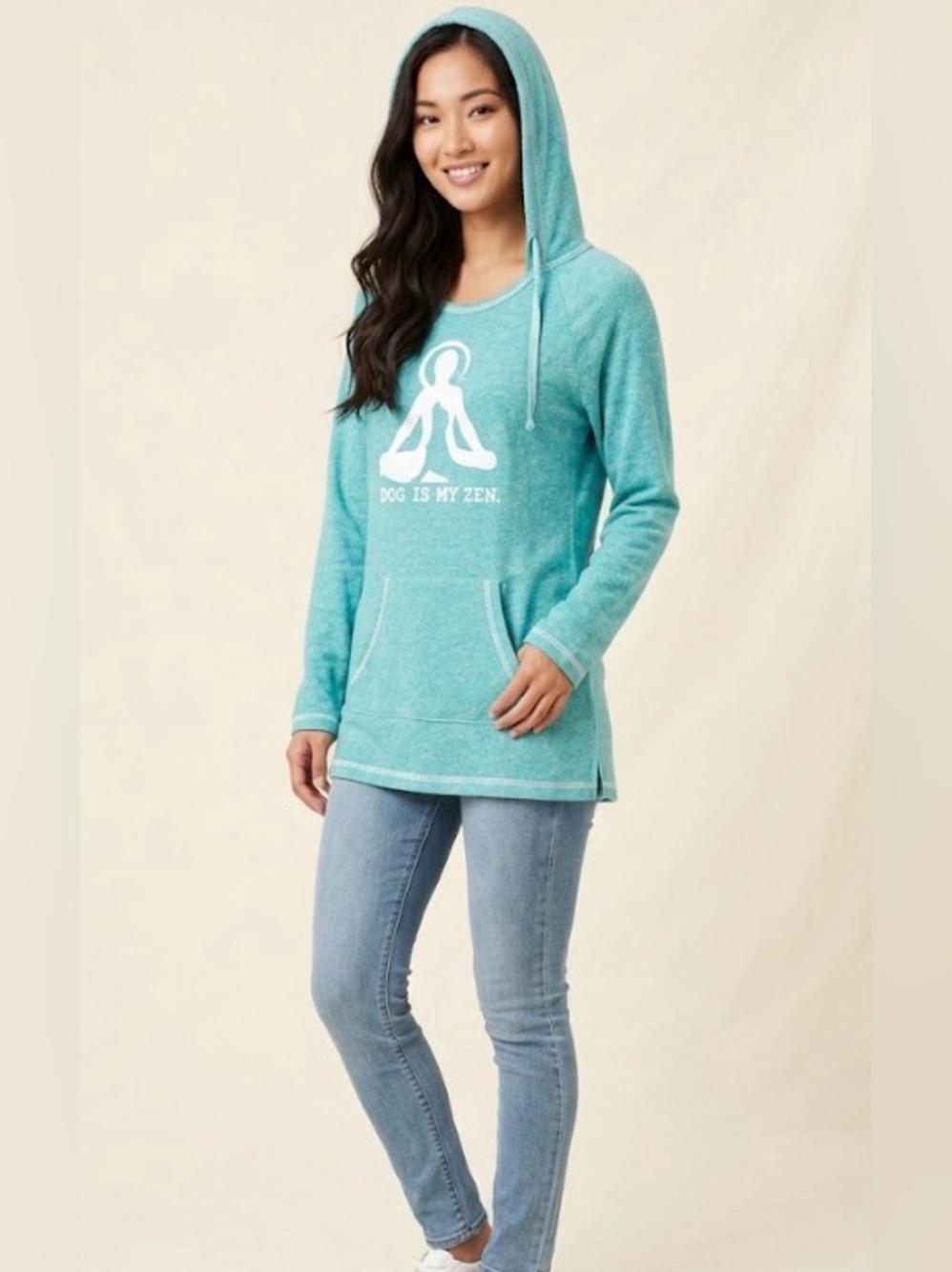 Dog is good DogIs MyZEN
Women's Hooded Tunic sweatshirt, size large teal